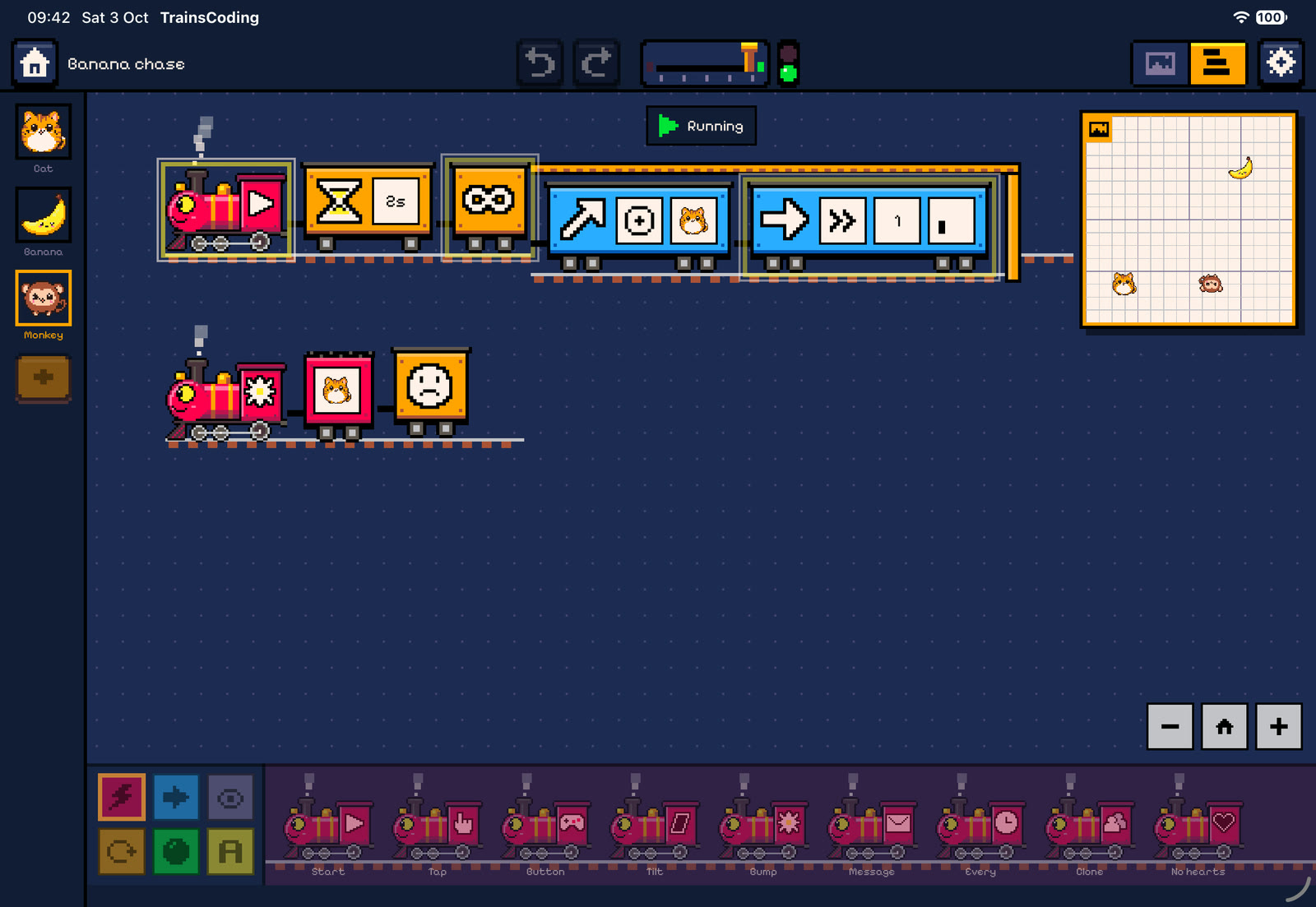 The code editor during a run, with the active wagons lit up