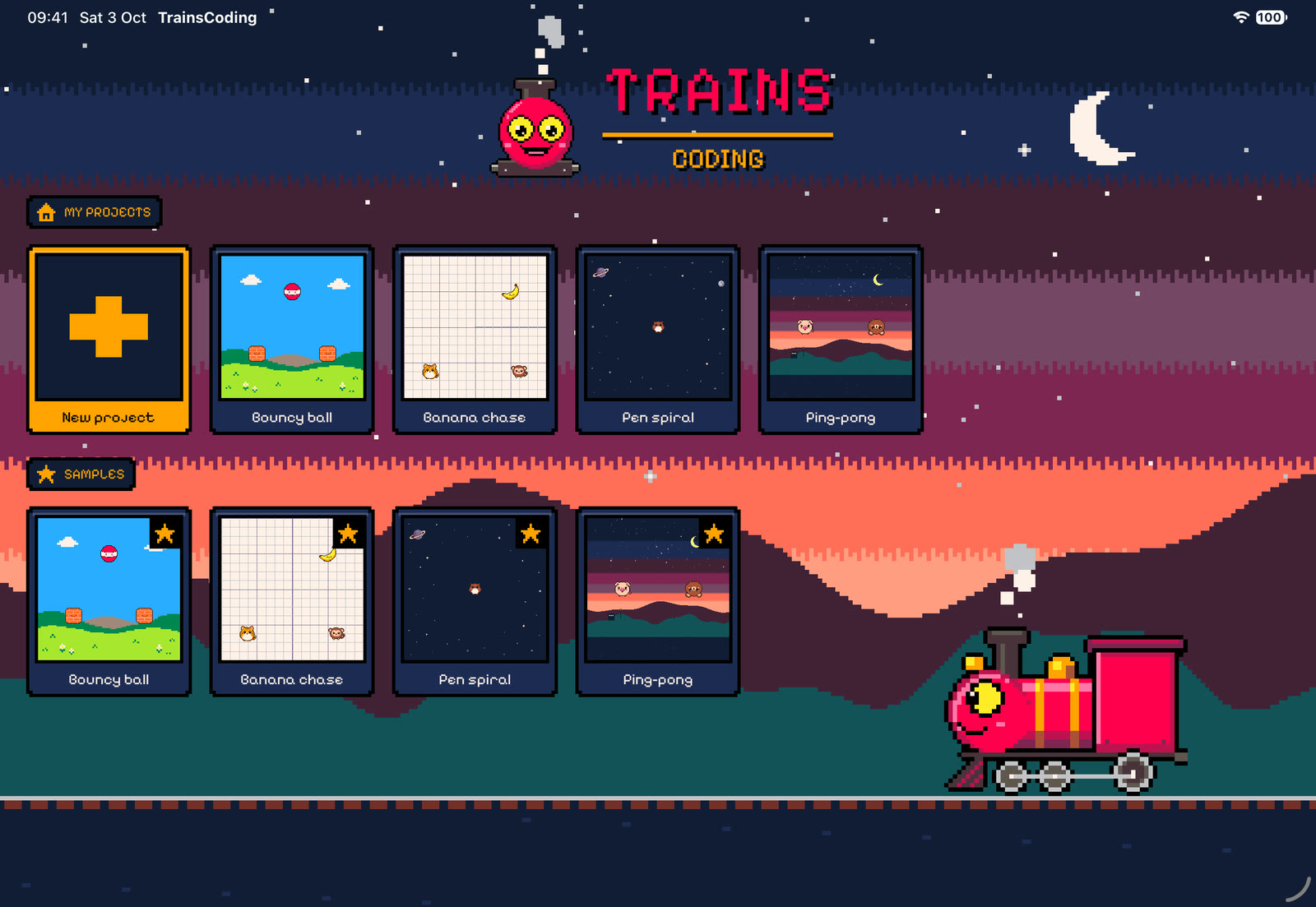 The TrainsCoding home screen: the dusk sky, the logo, project cards and sample cards