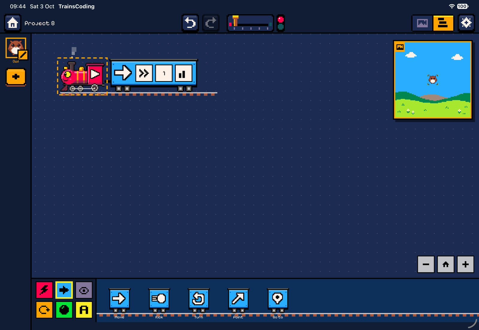 The code pane with a Move wagon coupled to a start locomotive