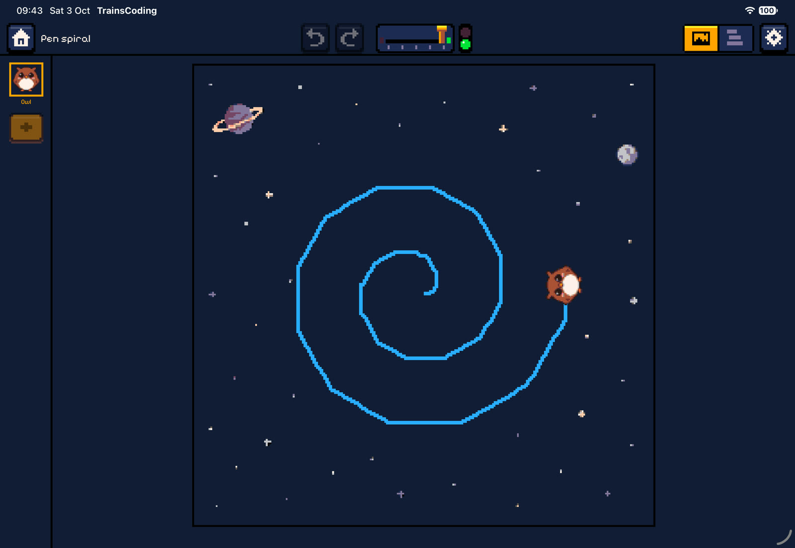 The owl drawing a blue spiral on the space background
